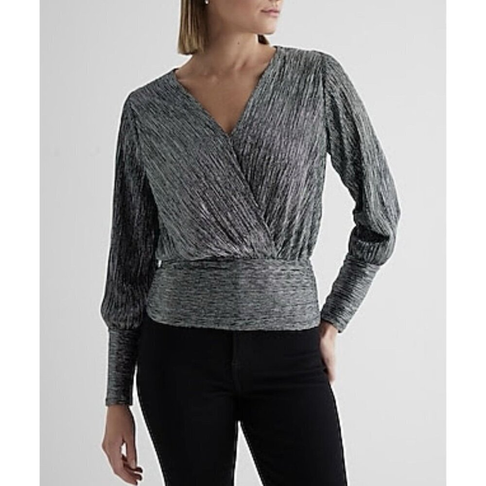 Express Women's Metallic Top Size XS V-Neck Long Sleeve Wrap Front Lined NWT $58